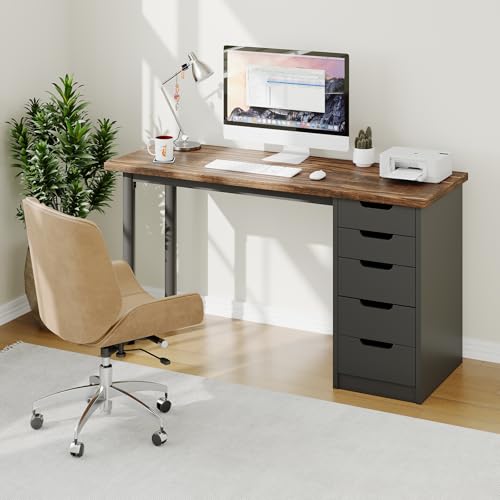 Garvee Computer Desk with 5 Drawers, 47 Inch Modern Simple Study Writing Desk with Storage, Rustic Home Office Desk, Reversible Computer Desk for Small Spaces, Apartments, Dorms, Brown+Black - color: Brown + Black