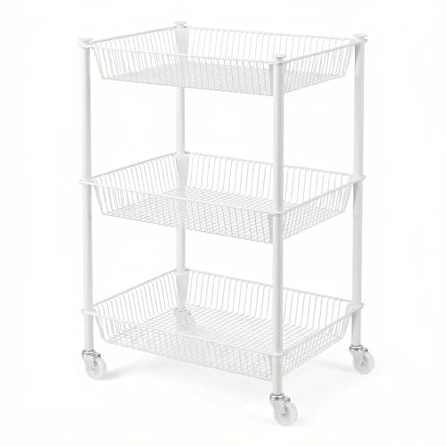 Kitchen Storage Cart for Fruit Vegetable 3 Tier Utility Cart with Wheels, White Rolling Pantry Floor Organizer Onion Potato Storage, Metal Wire Basket Stand Snack Shelf Home Organization - color: White, size: 3 Tier