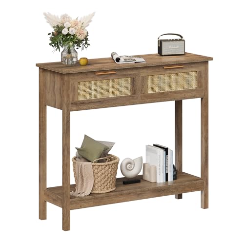 Trironsun Farmhouse Rattan Console Table with 2 Drawers 2 Tier Boho Narrow Long Sofa Table Natural with Open Storage Shelf Wood Entryway Table for Living Room Hallway Foyer - color: Caramel Oak