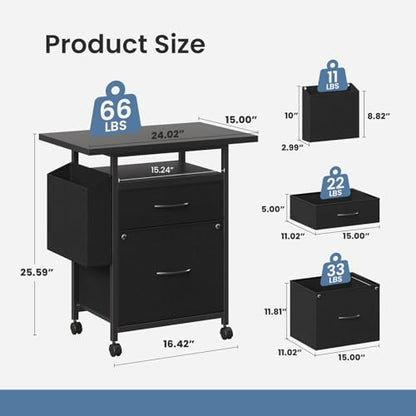 DUMOS 2 Drawer Mobile File Cabinet, Printer Stand with 24'' Wide Desktop | Fabric Drawer Cabinet Under Desk with Storage Side Bag,Rolling Printer Cart Not for Hanging Files for Home Office, Black - color: Classic Black