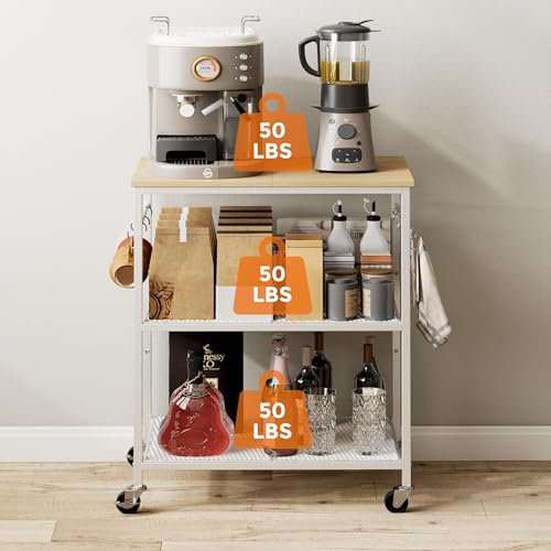 Homleke 3-Tier Rolling Kitchen Microwave Cart, Kitchen Utility Cart on Lockable Wheels, Coffee Bar Table Station with 6 S-Shaped Hooks, Small Appliance Storage Shelf, White and Natural KC40D - color: White and Natural, size: 3-Tier