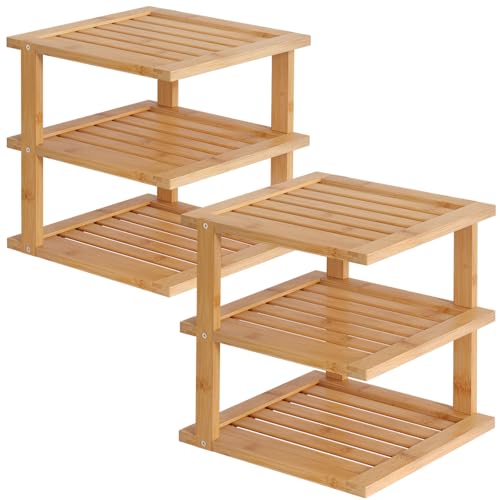 2 Pack Bamboo Corner Shelf,3 Tier Kitchen Cabinet Organizer for Plates and Dishes,Pantry Storage and Spice Rack（Natural） - color: Natural, size: 2 PC