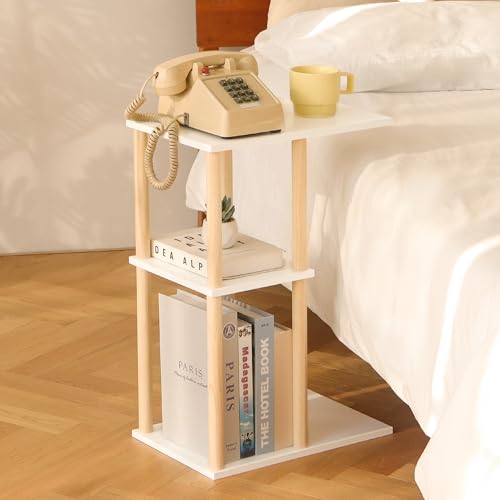 AWASEN C Shaped End Table, 3-Tier Small Side Table for Couch | Wood Sofa Table Coffee Table for Living Room, Small Space, Bedroom, Home Office, Easy Assembly, Natural and White - color: C Shaped-white