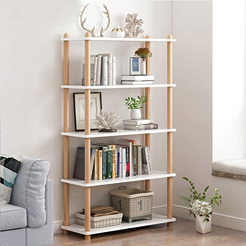 IOTXY 5-Tier Wooden Shelf Bookcase, Freestanding Open Bookshelf, White | Beech Wood Frame, 0.63" Shelves, Display Storage for Books, Plants, Decor, Living Room, Bedroom, Home Office - color: White, size: 5-Tier