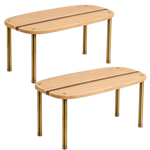 Ibyx Cabinet Organizer Set of 2 - Kitchen Pantry Organizers and Storage with Bamboo Top & Brass-Effect Metal Legs - for Kitchen Counter & Stackable Shelves for Cabinets with 22 lb Capacity - Natural - color: Natural