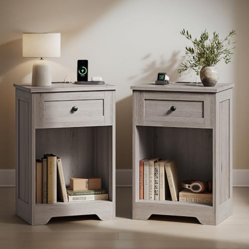 VASAGLE Traditional Basic Nightstand with Charging Station, Wood End Table with 1 Drawer and Open Shelf, 15.7 x 11.8 x 23.2 in, Washed Gray, for Bedroom, Siren Collection ULET828FD01S - color: Washed Gray, size: 2 pack