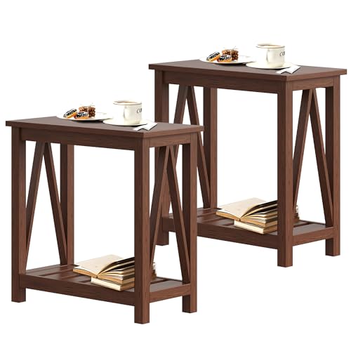 ChooChoo Farmhouse End Table Set of 2, Rustic Vintage Narrow End Side Table with Storage Shelf for Small Spaces, Nightstand Sofa Table for Living Room, Bedroom Walnut - color: Walnut, size: 2 Pack