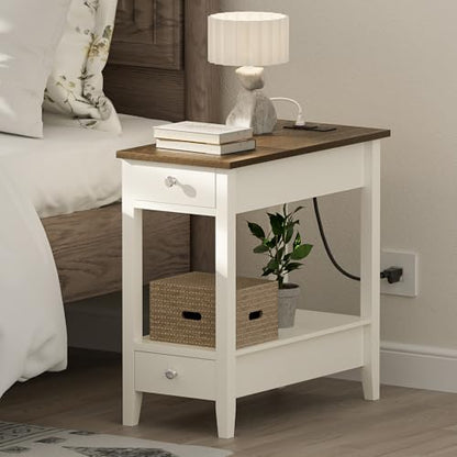 Treocho End Tables Living Room Set of 2 with Charging Station and 2 Drawers | Narrow Side Table with Ample Storage, Sofa Bedside Table for Small Spaces, Living Room, Bedroom, White & Brown - color: Brown/White