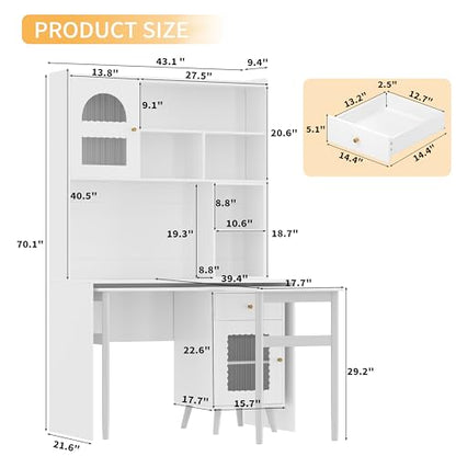 Wooden Computer Gaming Desk with 90 Degree Rotating Desktop, Study Writing Desk with Open Shelves, Storage Drawer and Cabinets, Work Desk for Home Office Bedroom Living Room (White-03) - color: White-03