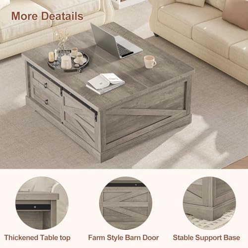 Itaar 39.4'' Lift Top Coffee Table with Storage, Farmhouse Coffee Tables for Living Room, Square Coffee Table with Large Hodden Compartment & 2 Drawrs & Adjustables Shelves (Gray) - color: Grey