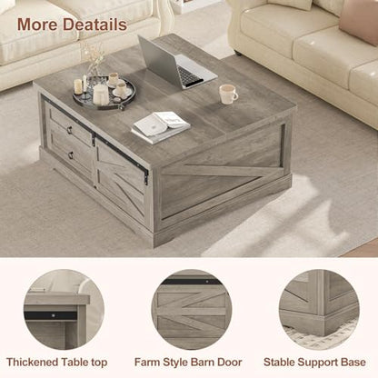 Itaar 39.4'' Lift Top Coffee Table with Storage, Farmhouse Coffee Tables for Living Room, Square Coffee Table with Large Hodden Compartment & 2 Drawrs & Adjustables Shelves (Gray) - color: Grey