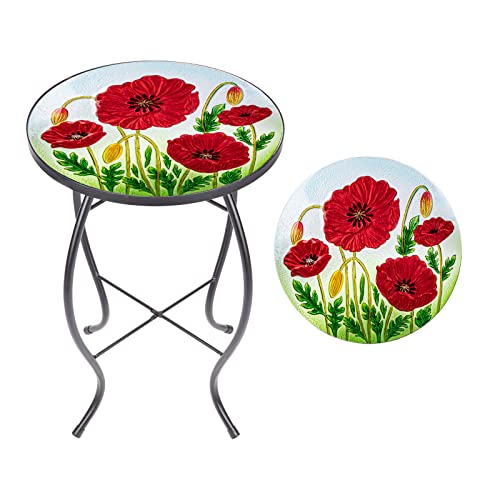 MUMTOP Outdoor Side Table - Small Mosaic Patio Tables, 14” Round Accent End Coffee Glass Plant Stand for Garden Living Room(Poppy) - color: Red Flower