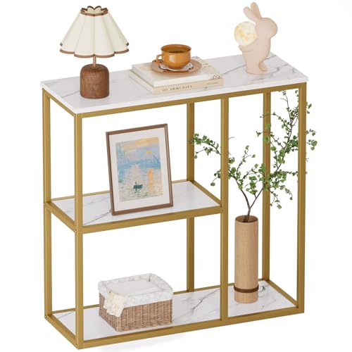WOHOMO 31.5" Narrow Console Table with 3-Tier Storage, Industrial Sofa Table for Entryway, Living Room & Hallway - Gold Marble Faux Top, Sturdy Metal Frame - color: White Gold, size: 31.5"