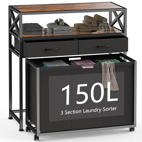 150L Laundry Sorter Hamper 3 Section with 2 Shelves & 2 Drawers | 3 Compartment Clothes Storage Organizer Cart, Pull-Out Removable Oxford Fabric Bags - color: Black, size: 150L
