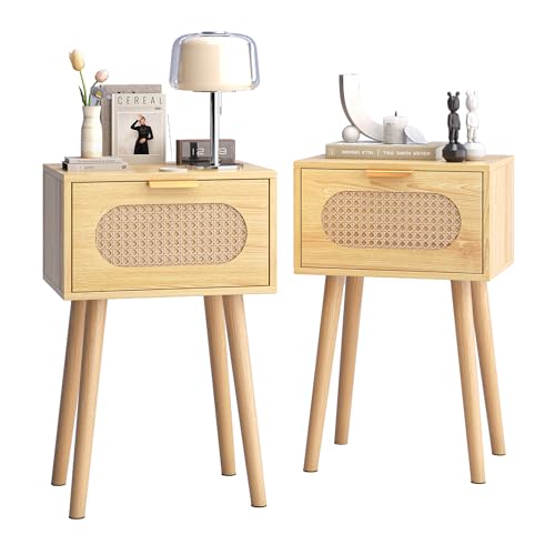 Nightstands Set of 2, Bedside Table with Rattan Door, Boho End Table with Solid Wood Legs for Bedroom, Living Room, Small Space Nightstands, Natural Color, HNS001N - color: Natural