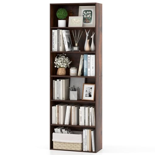 Giantex 6-Tier Bookcase, 70" Tall Wooden Bookshelf, Freestanding Storage Organizer w/Open Shelves, Anti-Tipping Kits, Modern Floor Standing Display Shelves for Living Room, Bedroom (1,Rustic Brown) - color: Rustic Brown, size: 23.5" x 9.5" x 70"