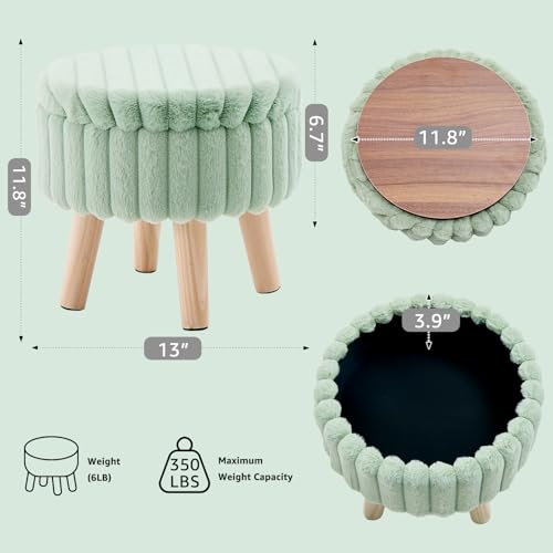 Wimarsbon Storage Ottoman, Modern Round Footrest with Soft Padded Seat, Teddy Velvet Footstool with Wood Legs, Accent Small Table or Plant Stand for Hallway, Living Room (Light Green) - color: Light Green
