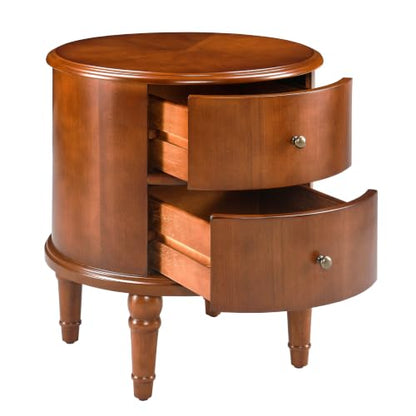 Round End Side Table with 2 Storage Drawers, Sofa Beside Tables for Living Room, No-Tools Assembly, Nightstand with Carved Wood Legs for Bedroom, 17.7" Dia x 20.1" H Honey Amber YBG-B5598-MG - style: Round End Table