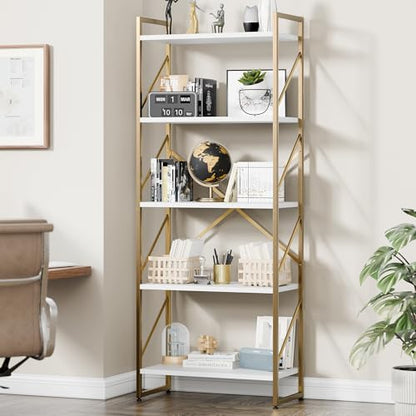 Vongrasig 5 Tier Bookshelf, Modern Tall Bookcase, Industrial Book Shelves Display Standing Shelf, Free Standing Storage Organizer for Bedroom, Living Room, White+Gold - color: White+gold
