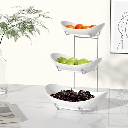 Fruit Bowl, 3 Tier Ceramic Fruit Basket, 3 Tier Serving Stand Serving Bowl with Metal Rack, Porcelain Kitchen Bowls for Fruit Vegetable Snack Nuts Dessert Cake Tray for Party Wedding - color: White