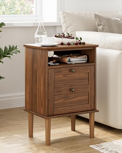 Nightstand, Boho Night Stand with 1 Drawer, Modern Side Accent Table with Open Shelf, Wooden Top Bedside End Table for Bedroom, Living Room, Walnut - color: Walnut