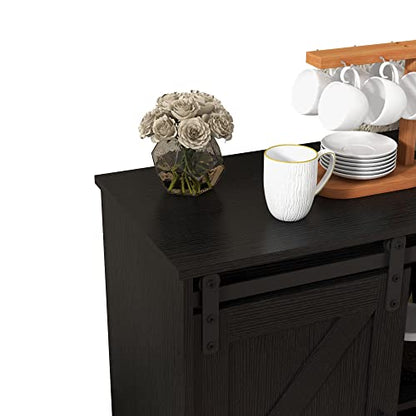 Panana Sliding Barn Door Buffet Sideboard Storage Cabinet Coffee Bar Kitchen Farmhouse Style (Black) - color: Black