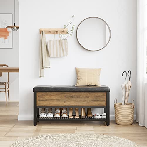 HOSTACK 40" W Storage Bench, Entryway Shoe Bench with Cushion, Rustic Brown | Wood Metal Bench with Flip-Open Hidden Storage, Ottoman Bench with Padded Seat & Shoe Rack for Hallway, Bedroom, Living Room - color: Rustic Brown