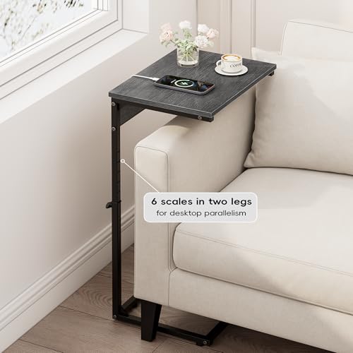 Vagusicc C Shaped End Table with Charging Station, Adjustable Height Side Table for Couch, Small Side Table, 33.2'' Tall Couch Tables that Slide Under, Tv Tray End Table for Living Room, Gray Walnut - color: Gray Walnut (1 Pack), style: With Plug
