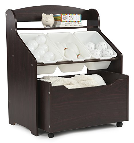 Humble Crew 3-in-1 Kids Bookshelf and Toy Storage Organizer, Espresso - Toddler Organizers with Rolling Toy Box and 3 Plastic Bins – Sturdy Baby Book Shelf, Perfect for Nursery and Playroom