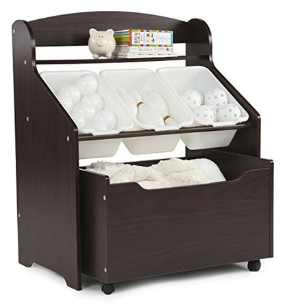 Humble Crew 3-in-1 Kids Bookshelf and Toy Storage Organizer, Espresso - Toddler Organizers with Rolling Toy Box and 3 Plastic Bins – Sturdy Baby Book Shelf, Perfect for Nursery and Playroom