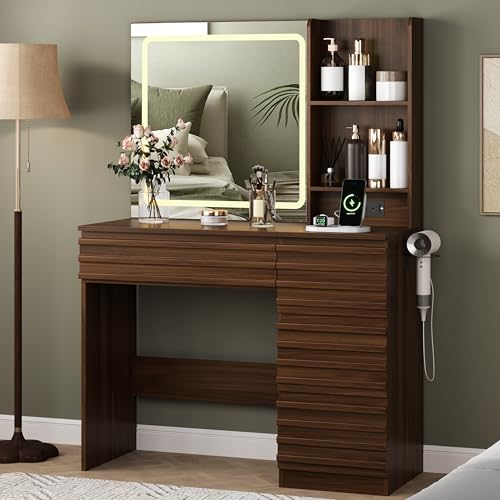 Makeup Vanity Desk with Lights, Fluted Vanity with 4 Drawers, Open Shelves, Power Outlet, LED Lighted Mirror, 3 Lighting Modes & Brightness Adjustable, Wood Dressing Table for Bedroom,Walnut - color: Walnut