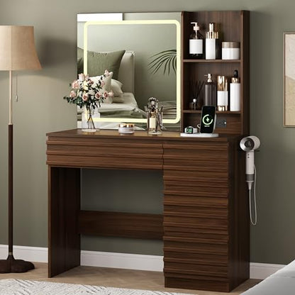 Makeup Vanity Desk with Lights, Fluted Vanity with 4 Drawers, Open Shelves, Power Outlet, LED Lighted Mirror, 3 Lighting Modes & Brightness Adjustable, Wood Dressing Table for Bedroom,Walnut - color: Walnut