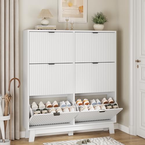 Xixini Shoe Cabinet with 6 Flip Drawers, 54" Tall Narrow Fluted Shoe Storage Organizer for Entryway, Hidden Slim Wooden Shoe Rack Cabinet for Front Door Entrance, Hallway, Living Room, Solid White - color: Solid White, size: 6 Flip Drawers