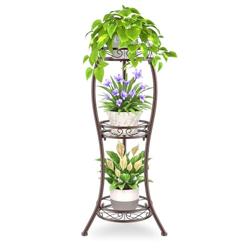 iDavosic.ly 3 Tier Tall Metal Plant Stand Indoor Outdoor, Wrought Iron Corner Flower Pot Holder Shelf, 34 Inch Vertical Display Rack for Patio Porch Living Room Garden, Bronze - color: Violet Bronze, size: 3 Tiers
