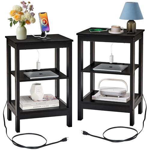 VECELO Side/End Storage with Shelf Versatile Nightstands Lamp Table Living Room Bedroom Furniture, Shelves, Classic Black - color: Classic Black, size: 2 Pack
