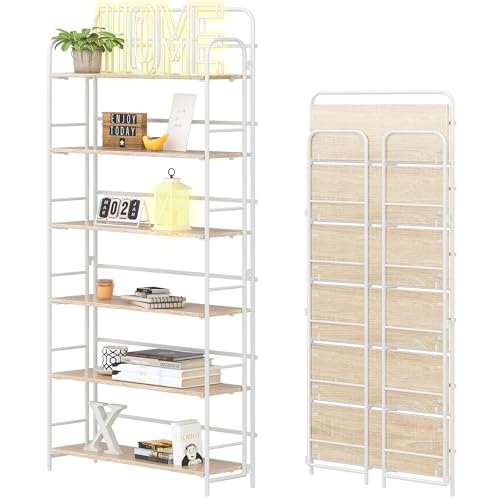 4NM No Assembly Folding Bookshelf, 6 Tiers Collapsible Book Shelves Open Industrial Foldable Storage Bookcase Shelf for Bedroom, Living Room, Home Office - Natural and White - color: Natural and White, size: XX 6 Tiers