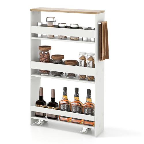 4-Tier Slim Rolling Storage Cart, Wooden Kitchen Utility Cart with Wheels & Handle, Space Saving Trolley, Slide Out Shelving Unit for Narrow Spaces, Laundry, Bathroom (White + Natural) - color: White + Natural