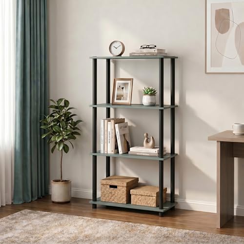 Furinno Turn-N-Tube Storage Shelves, 4-Tier Book Shelf, Corner Shelf, Toolless Open Shelves, for Organization and Storage, Living Room, Bedroom, Entryway, Laundry, Dusk Green - color: Dusk Green/Black, size: 4-Tier