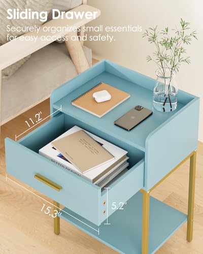 Nightstand,Modern Bedside Table Night Stand with Storage Drawer and Open Shelf,Small End Side Table for Bedroom,Living Room,Blue - color: Blue