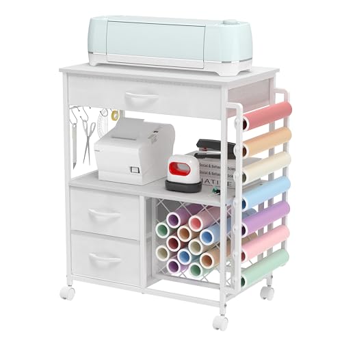 VENNQD Storage cart Compatible with Cricut Machines Stand Cutting Machine Stand with Drawers and Vinyl Roll Holder Rolling Craft Cabinet Table for Cricut Craft Workstation for cart Craft Room (White) - color: White