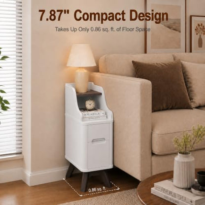 7.87" Narrow Nightstand Set of 2, 2 Drawer Nightstand with Charger Station | Wooden Thin Couch Side End Table, Skinny Bedside Table Small Spaces, Mid Century Modern Night Stand with Drawers, White-2Pcs - color: White, size: Narrow (2 drawer)