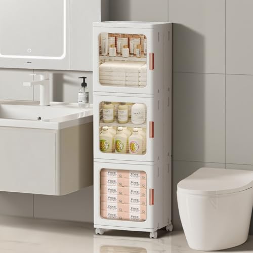 3-Tier Slim Bathroom Storage Cabinet for Small Space,White | Quick Assembly,Foldable,Plastic Organizers,Magnetic Doors,Adjustable Shelves,Narrow Storage Cabinet,Wheels - color: White, size: 11.42"D x 14.57"W x 49.61"H