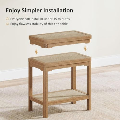 Eclatara Rattan Side Table End Table Nightstand Set of 2 with Round Edge | 2 Tier Rattan Night Stand, Farmhouse Boho Bedside Tables with Ultra-Thick Legs for Bedroom Living Room(Natural Oak,2 Pieces) - color: Natural Oak, Round Edges