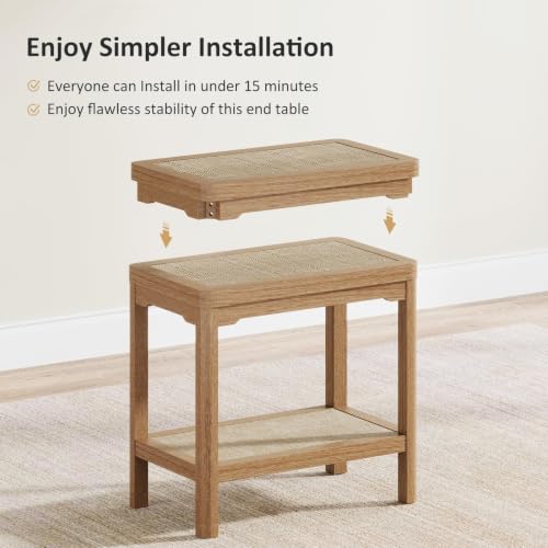 Eclatara Rattan Side Table End Table with Round Edge Design | 2 Tier Rattan Night Stand, Farmhouse Boho Bedside Tables with Ultra-Thick Legs for Bedroom Living Room(Natural Oak,1 Piece) - color: Natural Oak, Round Edges
