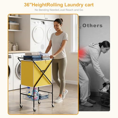 Convenient Laundry Basket with Wheels,36" High Easy Rolling Laundry Cart with Wheels,Heavy Duty Dirty Clothes Laundry Hamper with Handles Removable Bag for Seniors,Folding Metal Frame/Yellow/98L - color: Yellow