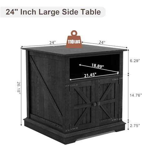 MUUEGM Farmhouse End Table with Charging Station 24IN Large Black Sofa Side Table with Barn Door Rustic Wood Square Nightstand Bedside Table with Adjustable Storage Shelf for Living Room,Bedroom - color: Black