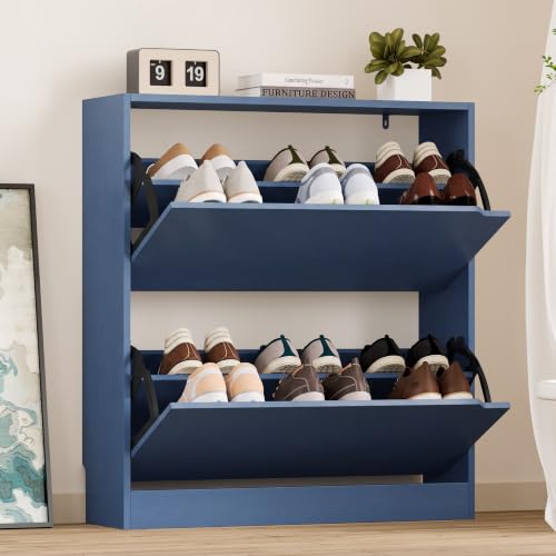 BORNOON Shoe Cabinet with 2 Flip Drawers, Slim Narrow Shoe Storage Cabinet, Freestanding Shoe Organizer with Adjustable & Removable Shelves, Top Display Shelf for Entryway, Hallway, Foyer, Closet - color: Blue, size: 2 Drawers