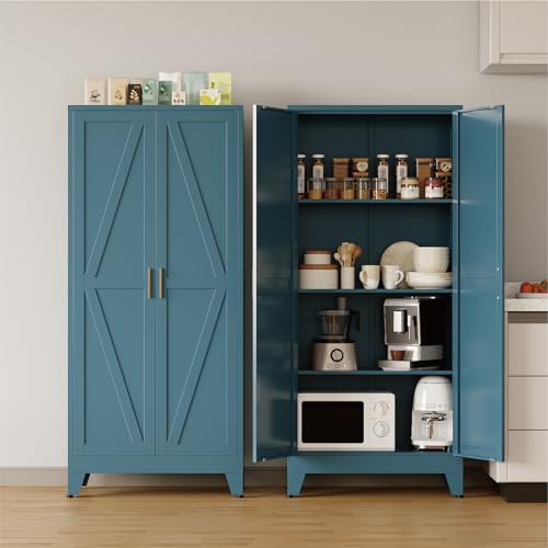 COFaR Metal Pantry Cabinet with Doors, Farmhouse 61'' Tall Storage Cabinet with 3 Adjustable Shelves, Kitchen Pantry Cabinet for Dinning Room, Laundry, Peacock Blue 4-Tier - color: Peacock Blue, size: 61 Tall 2 Doors-Farmhouse