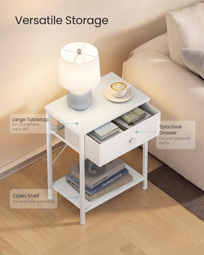 SONGMICS Bedside Table with Drawer, Nightstand with Lower Shelf | Side End Table for Bedroom, Living Room, Cloud White, BELLAH Collection, ULGS101W101S - color: Cloud White, style: 1 Drawer-1Pc