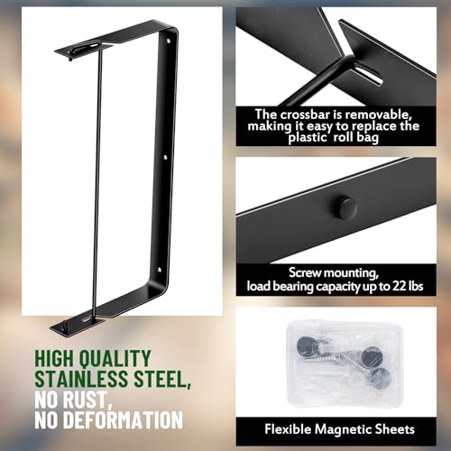 Stainless Steel Produce Bag Roll Holder Wall Mount Plastic Grocery Bag Holder for Supermarket Grocery Kitchen, 13.4 x 6.4 x 1.3 Inch(Black) - color: Black